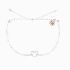 Disney Pura Vida White String Cord Bracelet With Rose Gold Mickey Charm