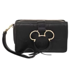 Disney Mickey Mouse Black And Gold Metal Charm Wristlet Faux Leather Wallet