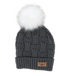 Plush Lined Knit Beanie Hat With Pom Light Mélange Gray