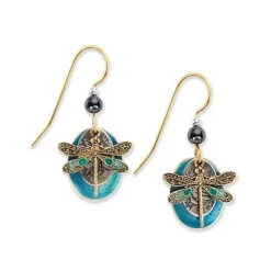 Silver Forest Earrings Gold Dragonfly On Blue