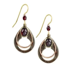 Silver Forest Earrings Gold Loop Red Stone On Open Filigree