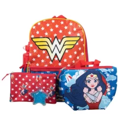 Wonder Woman 5-Piece Backpack Set With Insulated Lunch Bag, Waterbottle, Star-Shaped Ice Pack, And Zippered Utility Case