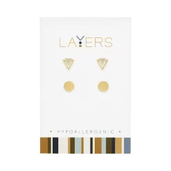 Gold CZ Triangle & Round Double Pair Layers Earrings