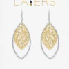 Silver Two-Toned Ribbed Geometric Leaf Dangle Layers Earrings