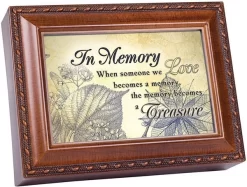 In Memory Someone We Love Woodgrain Rope Trim Jewelry Music Box Plays Wind Beneath My Wings