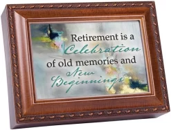 Retirement A New Beginning Woodgrain Rope Trim Music Box Plays Wonderful World