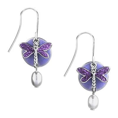 Silver Forest Earrings Silver Purple Dragonfly White Bead 1 Silver Forest Earrings Silver Purple Dragonfly White Bead