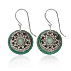 Silver Forest Earrings Green Round Layers With Flower