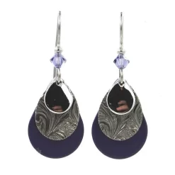 Silver Forest Earrings Silver Filigree On Black Teardrop With Purple Bead