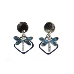 Silver Forest Earrings Silver Black With Blue Dragonfly On Open Diamond