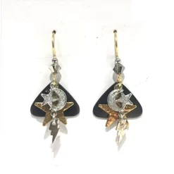Silver Forest Stars And Moon On Black Triangle Earrings