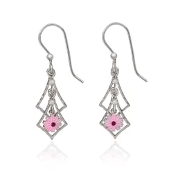 Silver Forest Earrings Diamond Cascade With Pink Flower Drop