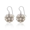 Silver Forest Earrings White Filigree Flower On Round Disc