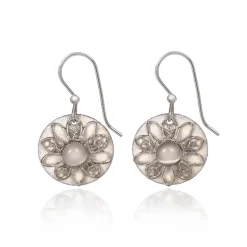 Silver Forest Earrings White Filigree Flower On Round Disc