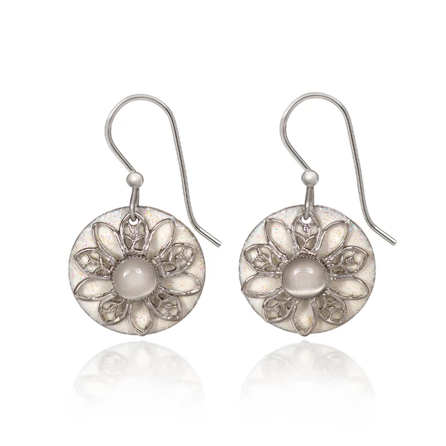 Silver Forest Earrings White Filigree Flower On Round Disc 1 Silver Forest Earrings White Filigree Flower On Round Disc