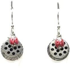 Silver Forest Lady Bug On Layered Discs Pierced Earrings