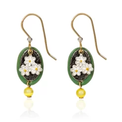 Silver Forest Earrings White Daisy Flower On Green Oval With Yellow Bead