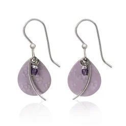 Silver Forest Earrings Curvy Silver On Purple Oval With Purple Bead Drop