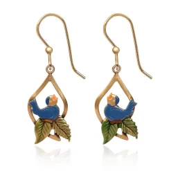 Silver Forest Earrings Blue Bird On Green Leaves In Open Tree Drop