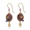 Silver Forest Earrings Purple Hummingbird On Laced Oval With Gold Bead Drop