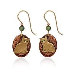 Silver Forest Earrings Pretty Gold Kitty On Bronze Disc With Green Bead