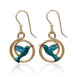 Silver Forest Earrings Blue Hummingbird On Gold Coil