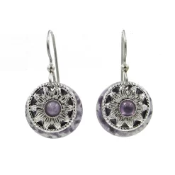 Silver Forest Purple Stone And Metal Flower Layered Drop Earrings