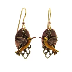 Silver Forest Hummingbird On Layered Mixed Metal Earrings