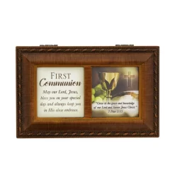 First Communion Brown Petite Jewelry Music Box Plays Ave Maria