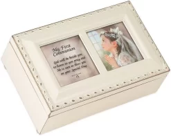 First Communion God Beside You Matte Ivory Jewelry Music Box Plays Ave Maria