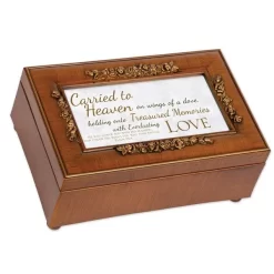 Treasured Memories Love Feather Wood Finish Petite Rose Jewelry Music Box Plays Amazing Grace