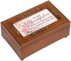Beautiful You Amazing You Are Woodgrain Rosette Petite Music Box Plays You Light Up My Life