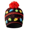 Christmas Merry & Bright Flashing LED Light Pom Beanie Hat Black With Holiday Bulbs