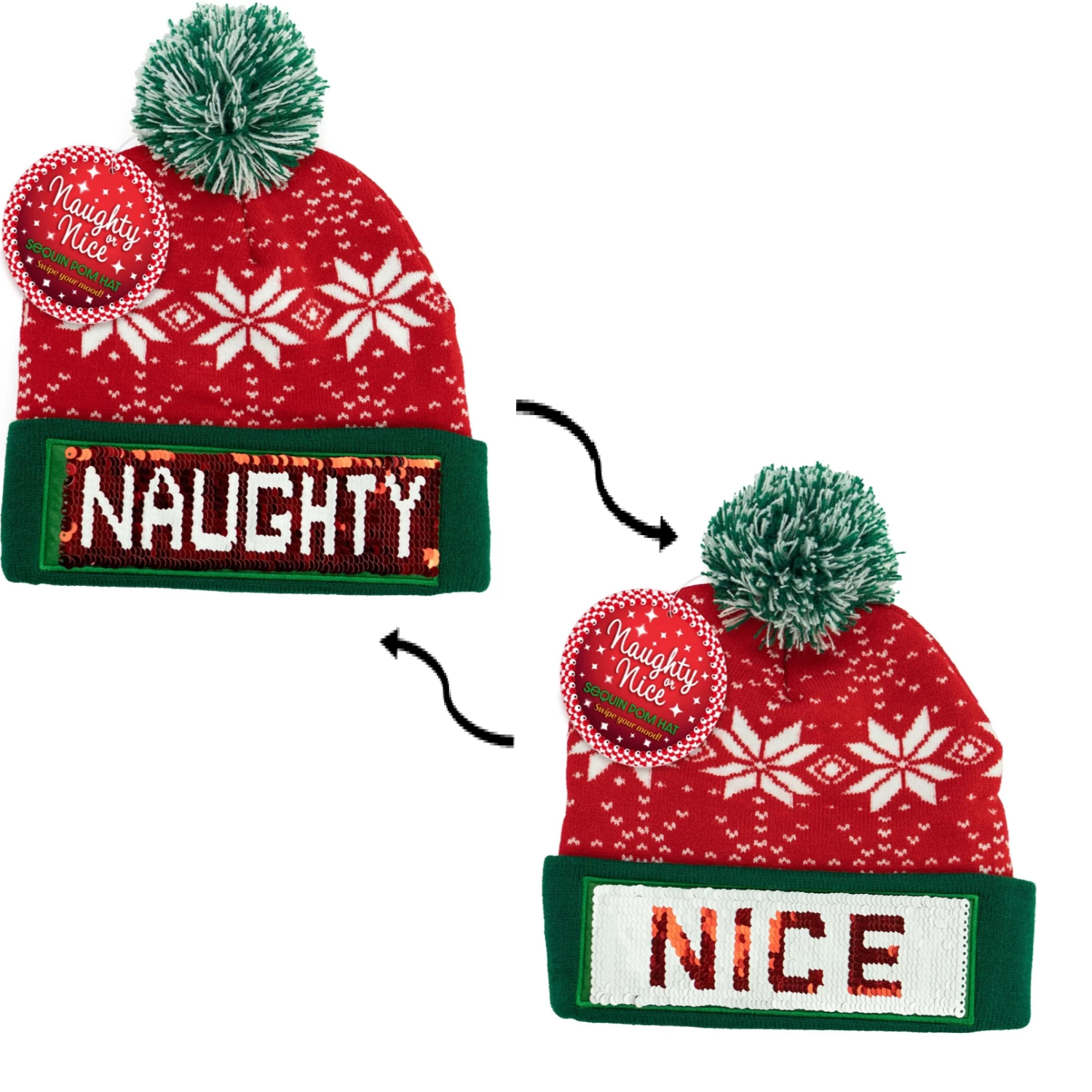Christmas Naughty Or Nice Changeable Sequin Snowflake Red Pom Beanie Hat 1 Christmas Naughty Or Nice Changeable Sequin Snowflake Red Pom Beanie Hat