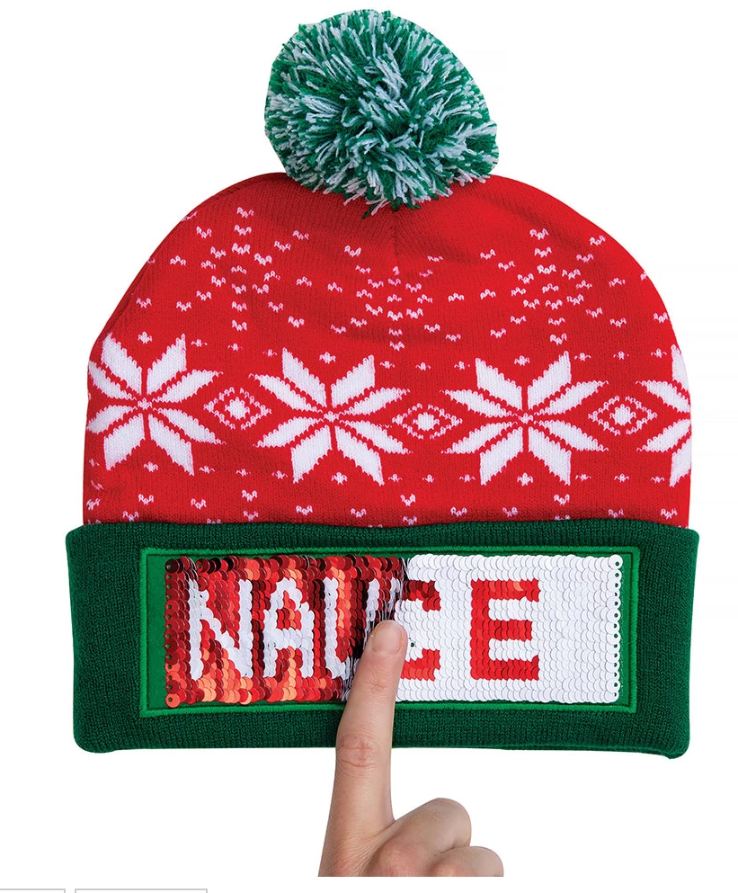 Christmas Naughty Or Nice Changeable Sequin Snowflake Red Pom Beanie Hat 2 Christmas Naughty Or Nice Changeable Sequin Snowflake Red Pom Beanie Hat - Image 2