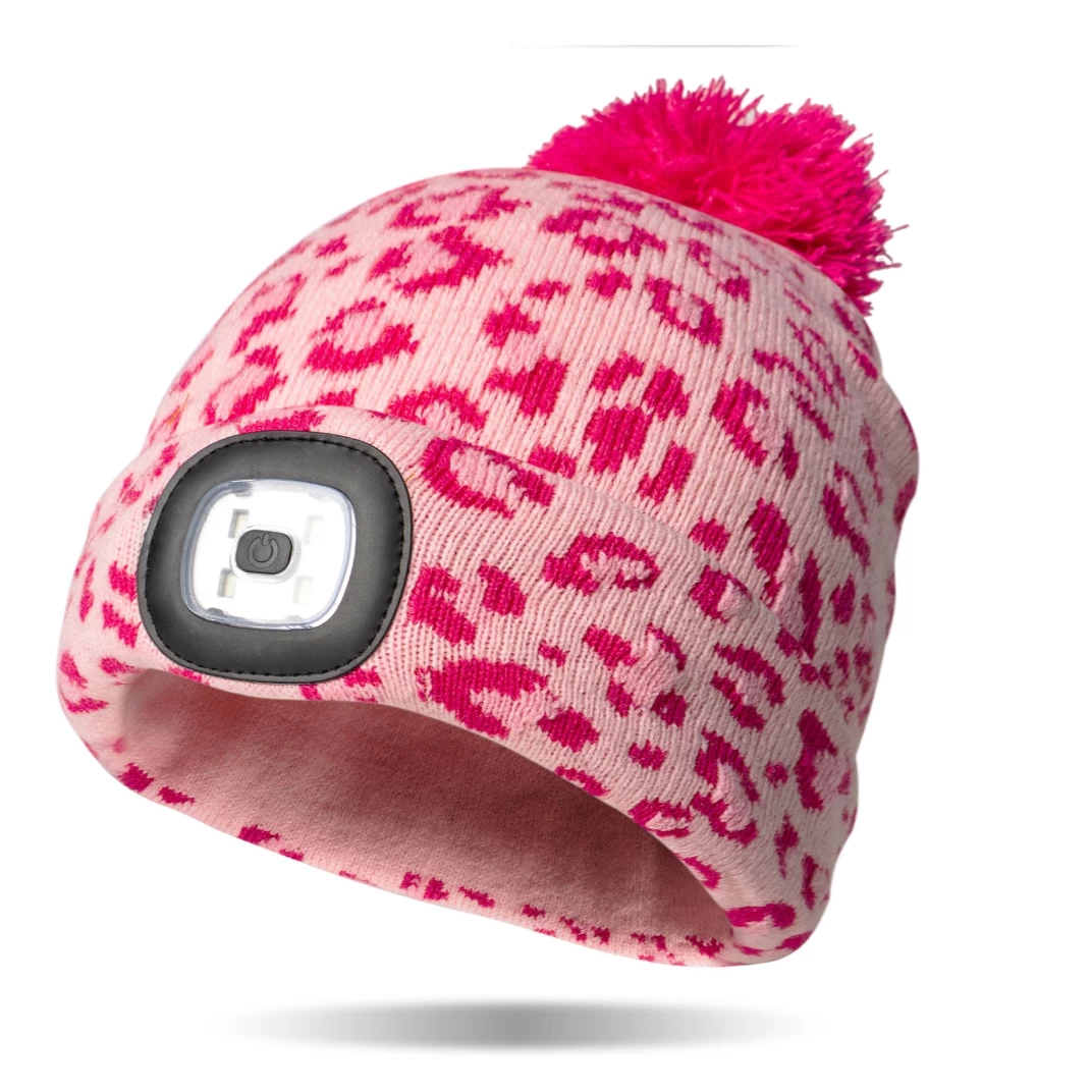 Pink Leopard Kids Night Scope™ Rechargeable LED Light Beanie Pom Hat 1 Pink Leopard Kids Night Scope™ Rechargeable LED Light Beanie Pom Hat