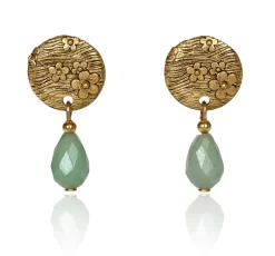 Silver Forest Floral Stamped Disc With Light Green Gem Drop Earrings